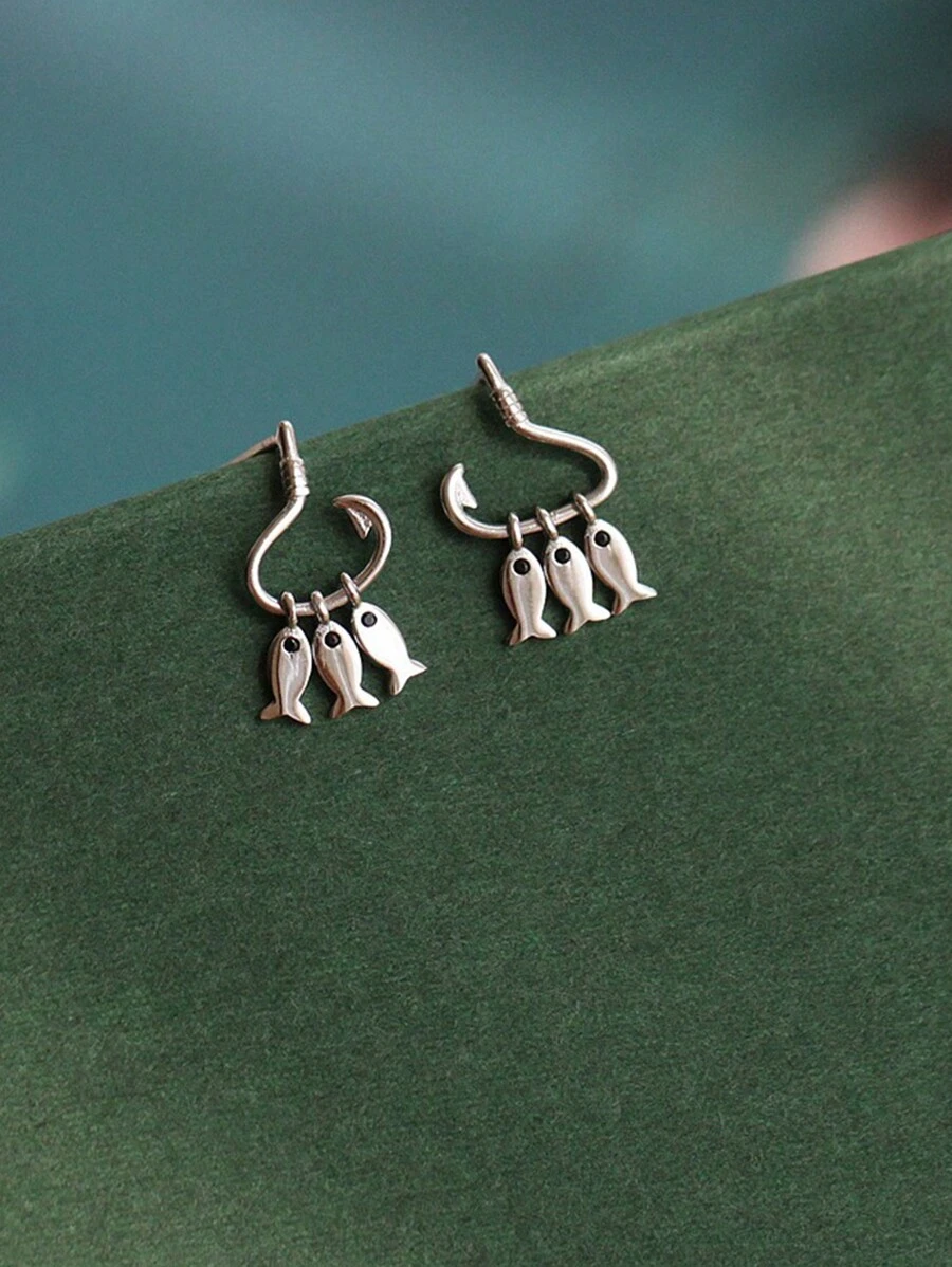 1 对百搭简约创意小鱼流苏耳环 - 復古銀色 - 查看 1