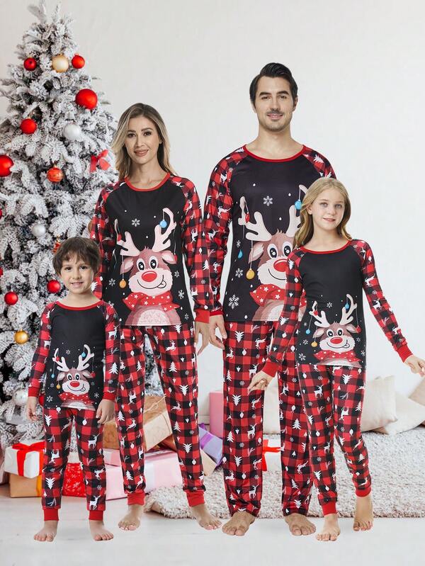 2 pezzi/Set Pigiama natalizio comodo e aderente per la famiglia delle ragazze, camicia a maniche lunghe e pantaloni casual natalizi con stampa a quadretti e cervi carini
