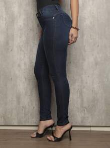 Shein Women's Skinny Jeans High Waist Butt Lifting Basic Premium Plain Fabric With Lycra - 藍色 - 查看 3