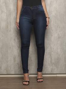 Shein Women's Skinny Jeans High Waist Butt Lifting Basic Premium Plain Fabric With Lycra - 藍色 - 查看 1