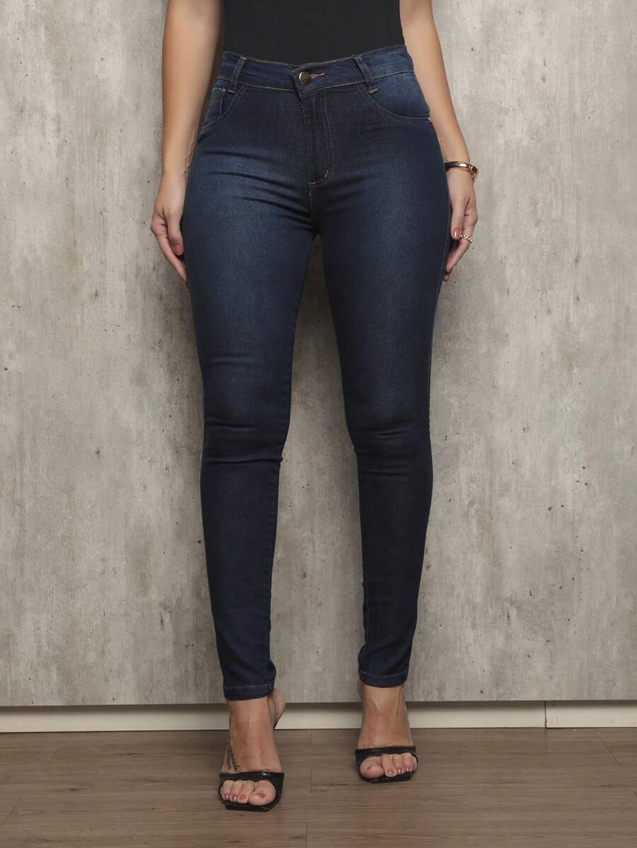 Shein Women's Skinny Jeans High Waist Butt Lifting Basic Premium Plain Fabric With Lycra - 藍色 - 查看 1