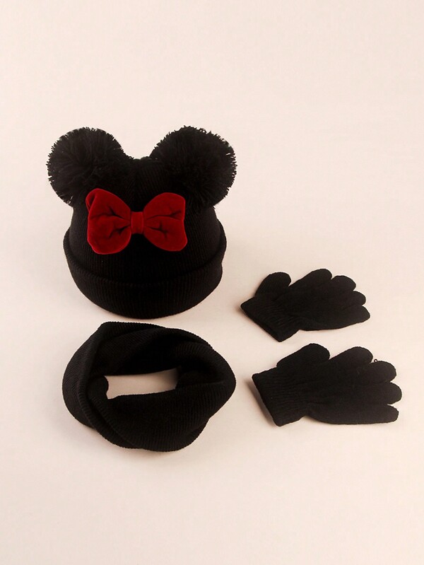 طقم قبعة وأوشحة وقفازات مُحاكة للأطفال الرضع والأطفال الصغار 3 قطع مزخرف بفيونكة، 0-2 سنة