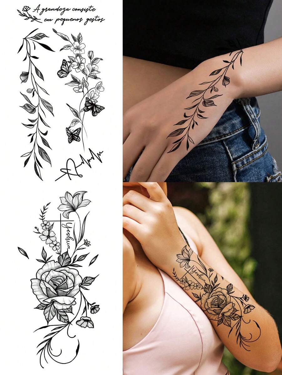 2pcs Flower & Butterfly Tattoo Stickers For Women, Floral Leaf Temporary Tattoos For Hand Arm & Body Decor, Waterproof Realistic Black Fake Tattoo - Black - View 1