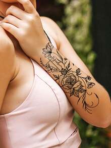 2pcs Flower & Butterfly Tattoo Stickers For Women, Floral Leaf Temporary Tattoos For Hand Arm & Body Decor, Waterproof Realistic Black Fake Tattoo - Black - View 3