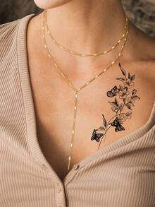 2pcs Flower & Butterfly Tattoo Stickers For Women, Floral Leaf Temporary Tattoos For Hand Arm & Body Decor, Waterproof Realistic Black Fake Tattoo - Black - View 2