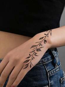2pcs Flower & Butterfly Tattoo Stickers For Women, Floral Leaf Temporary Tattoos For Hand Arm & Body Decor, Waterproof Realistic Black Fake Tattoo - Black - View 4