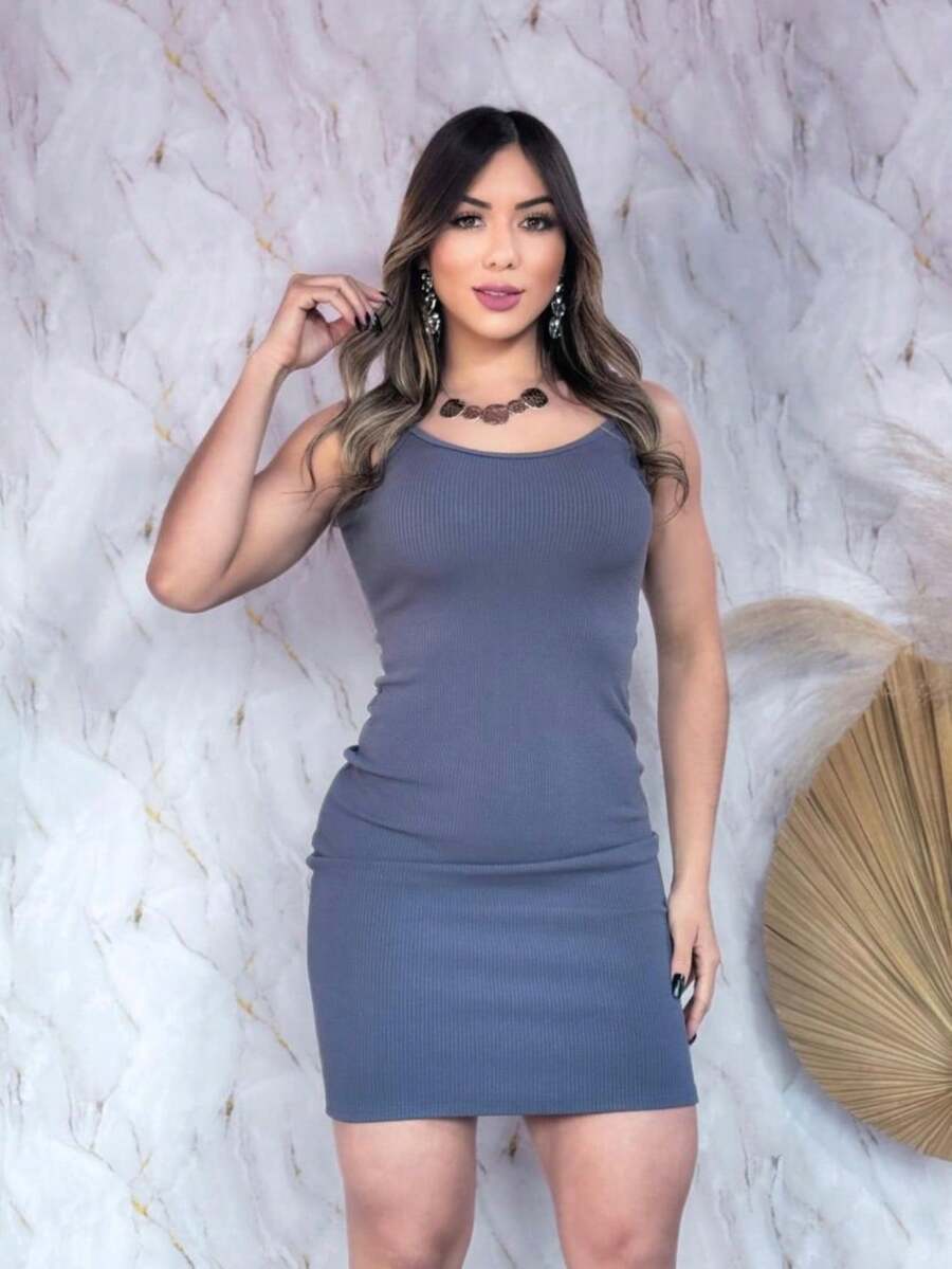 Women's Short Ribbed Dress With Basic Straps - 深灰色 - 查看 1