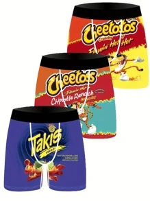 3 piezas/paquete Calzoncillos bóxer para hombres con estilo urbano, estampado digital de dibujos animados y de aperitivos, transpirables - Multicolor - Ver 1