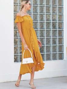 Off Shoulder Button Down Dress - Yellow - View 4