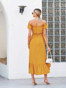 Off Shoulder Button Down Dress - Yellow - View 2