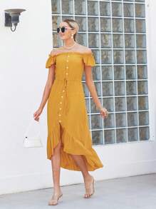 Off Shoulder Button Down Dress - Yellow - View 3