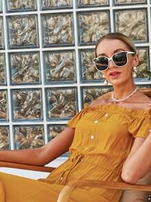 Off Shoulder Button Down Dress - Yellow - View 5