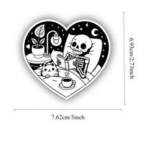 1PC Cozy Skeleton And Cat Reading Sticker - Spooky Reader Vinyl Decal For Kindle, E-Reader, And Laptops - Bookish Heart Shaped Gift, Waterproof And Durable - Multicolor - View 2