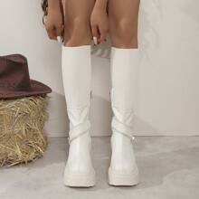 Giày bốt cổ ngắn mùa đông cho nữ có khóa kéo bên hông thời trang mới, có thể gập lại, có thể điều chỉnh, màu trắng, đế cao, mũi tròn, gót 9cm, đế chống thấm nước 4cm, áo khoác thời trang - trắng - Xem 5