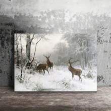 1pc Framed Vintage Deer Painting Winter Landscape Canvas Print Wall Art Mystic Forest Mountain Landscape With Deer Nature Wilderness Poster Modern Art Rustic Scenic For Living Room Bedroom Holiday Prints - White - View 6