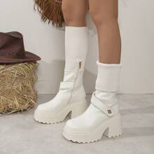 Giày bốt cổ ngắn mùa đông cho nữ có khóa kéo bên hông thời trang mới, có thể gập lại, có thể điều chỉnh, màu trắng, đế cao, mũi tròn, gót 9cm, đế chống thấm nước 4cm, áo khoác thời trang - trắng - Xem 1