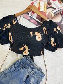 Cropped Blouse With Padding Has New Summer Sleeves - Màu xanh hải quân - Xem 1