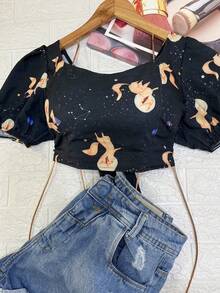 Cropped Blouse With Padding Has New Summer Sleeves - Màu xanh hải quân - Xem 2