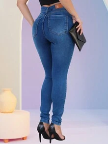 Women's Skinny Jeans In Blue Wash, Shaping, High Waist With Elastane, Lifts The Butt - 藍色 - 查看 2
