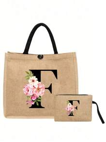 两件套，包含一个粉色花朵黑色字母亚麻手提包（可定制姓名首字母）和一个配套小包，简约优雅，可作为伴娘婚礼礼物、化妆包或旅行收纳包。 - 卡其色 - 查看 13