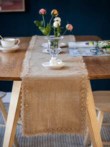 1 pièce Chemin de table en jute rétro, pour restaurant, fête, rassemblement, couverture de table à manger de vacances, décoration d'hôtel, auberge - Kaki - Voir 1