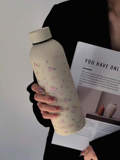 1 件蝴蝶结玫瑰和花卉图案不锈钢双层保温水瓶，500 毫升/17 盎司真空瓶，保温杯，适合旅行、运动、咖啡、露营、返校