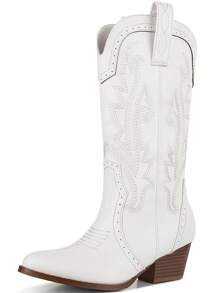 Women's Fashion Embroidered Western Boots Pointed Toe Chunky Heel Mid Calf Cowboy Cowgirl Shoes Fashion Classic Design Perfect Country Outdoor Shoes