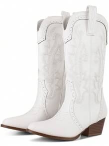 Women's Fashion Embroidered Western Boots Pointed Toe Chunky Heel Mid Calf Cowboy Cowgirl Shoes Fashion Classic Design Perfect Country Outdoor Shoes