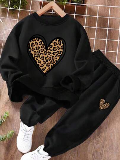 Set de 2 piezas Conjunto deportivo con sudadera con estampado de leopardo en forma de corazón y pantalón jogger de ajuste holgado, atuendo casual con bolsillos, suave y lavable a máquina, de moda para otoño, adecuado para viajes, reuniones y uso en el campus