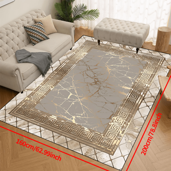 سجادة مقاومة للانزلاق 1 قطعة ذات قاعدة زرقاء داكنة وإطار ذهبي بنمط مفتاح يوناني ومربع، قابلة للغسيل في الغسالة، سجادة للمدخل وغرفة المعيشة وغرفة النوم وغرفة الأطفال والحديقة والمواجهات الخارجية، ديكور المنزل والغرف والمساحات، جدارية