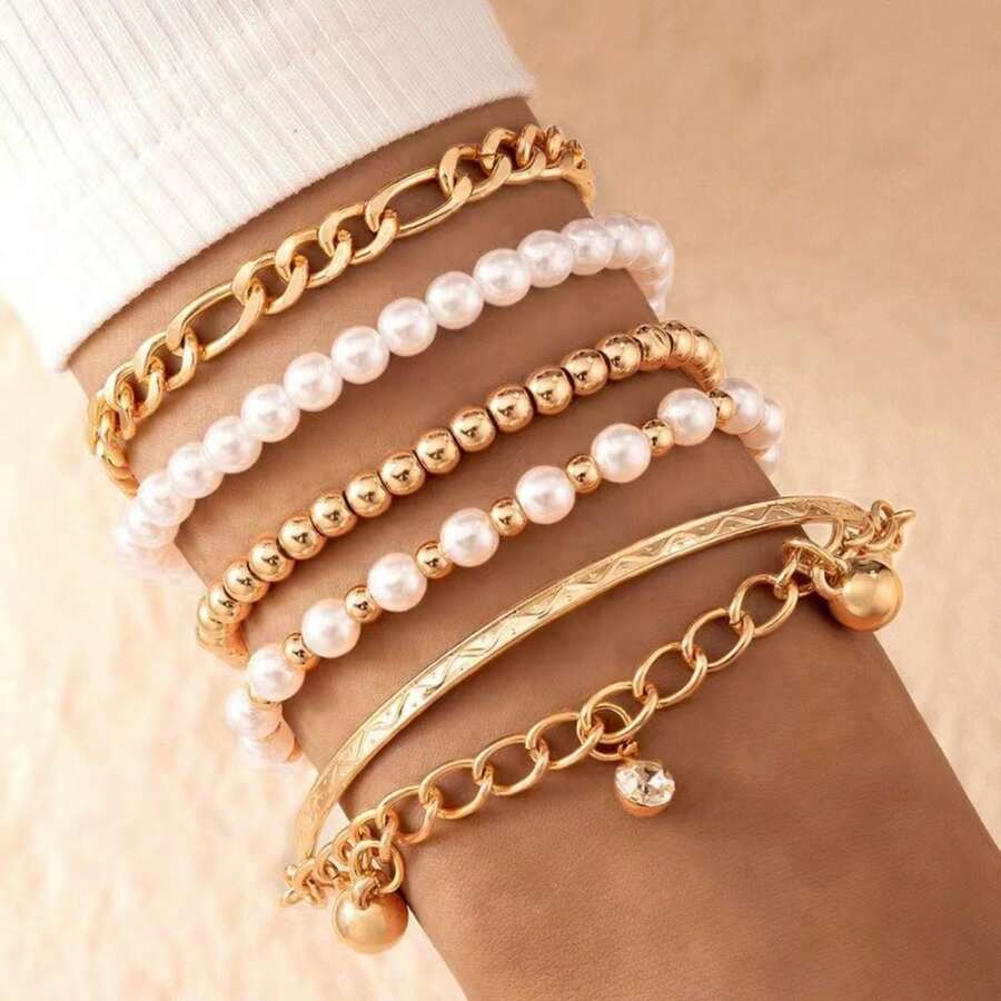 1set Vintage Pearl Coin Multilayer Elastic Bracelet Jewelry Set - Yellow Gold - View 1
