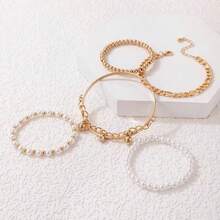 1set Vintage Pearl Coin Multilayer Elastic Bracelet Jewelry Set - Yellow Gold - View 5