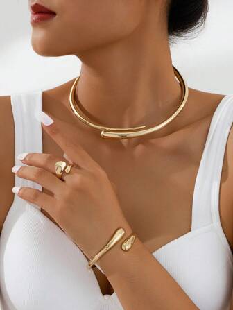 1pc Fashion Zinc Alloy Ring, 1pc Raindrop Bracelet, 1pc Nails Shaped Choker Necklace - Stylish Accessory Set For Women, Daily/Festival Wear, Youth Style