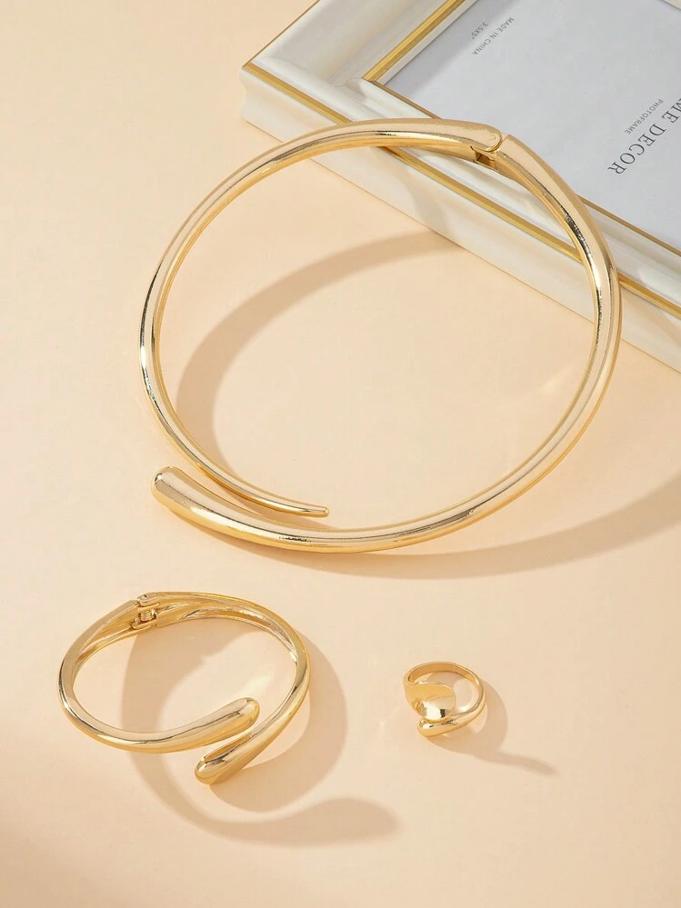 ファッションアクセサリーセット  1個ジンクアロイリング、1個雫型ブレスレット、1個ネイル型チョーカーネックレス、レディース 日常/お祭り用、ユース向け - Yellow Gold - 見る 2