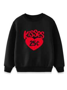 Young Boy Valentine's Day Heart & Letter Print Thermal Lined Crew Neck Sweatshirt - 黑色 - 查看 3