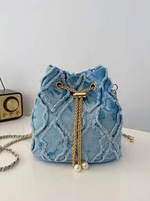 Bolso de mujer con cordón, bolso bandolera mini, bolso de cubo en forma de diamante para uso diario y exteriores - Azul - Ver 1
