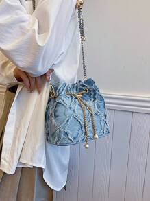 Bolso de mujer con cordón, bolso bandolera mini, bolso de cubo en forma de diamante para uso diario y exteriores - Azul - Ver 6