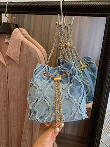 Bolso de mujer con cordón, bolso bandolera mini, bolso de cubo en forma de diamante para uso diario y exteriores - Azul - Ver 3