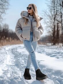 女款厚實保暖側彈力帶圓頭中筒厚底切爾西雪地靴，復古冬季黑色麂皮通勤大尺碼鞋 - 黑色 - 查看 7