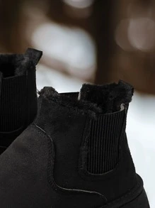 女款厚實保暖側彈力帶圓頭中筒厚底切爾西雪地靴，復古冬季黑色麂皮通勤大尺碼鞋 - 黑色 - 查看 6