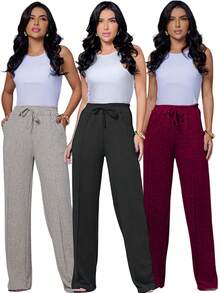 Kit 3 Women's Linen Wide Leg Trousers With Pocket And Drawstring - 灰色,黑色和酒紅色 - 查看 1