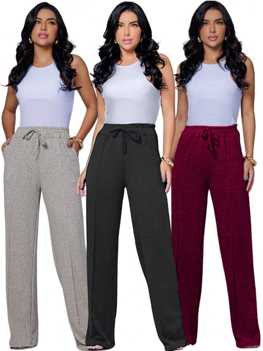 Kit 3 Women's Linen Wide Leg Trousers With Pocket And Drawstring - 灰色,黑色和酒紅色 - 查看 1