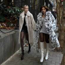 女式仿皮草豹纹/山猫印花长款外套，厚仿狐狸毛领超大宽松风衣夹克，冬季 - 黑與白 - 查看 7