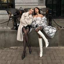 女式仿皮草豹纹/山猫印花长款外套，厚仿狐狸毛领超大宽松风衣夹克，冬季 - 黑與白 - 查看 6