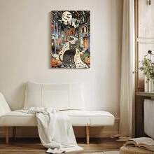 1Pc Framed Canvas Wall Art Poster Vintage Halloween Black Cat Folk Art Print  Halloween Town Wall Art, Halloween Pumpkin Artwork, Halloween Decor For Home, Halloween Poster - Black - View 4