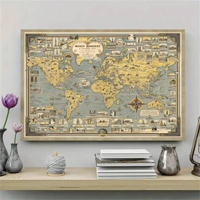 复古世界地标帆布艺术印刷品 - 无框复古地图海报适用于卧室和客厅装饰，非常适合办公室、咖啡厅、酒吧 - 现代壁挂装饰
