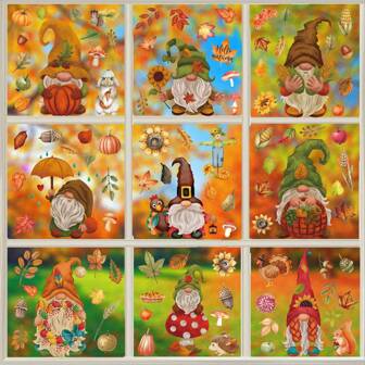 9pcs/Pack Autumn Thanksgiving Gnome Window Stickers