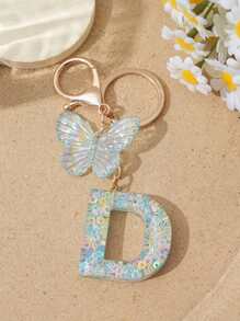 1pc Creative Keychain With Letter Stone Resin Pendant, Butterfly Tassel Letter Charm Keyring For Girls - White - View 33