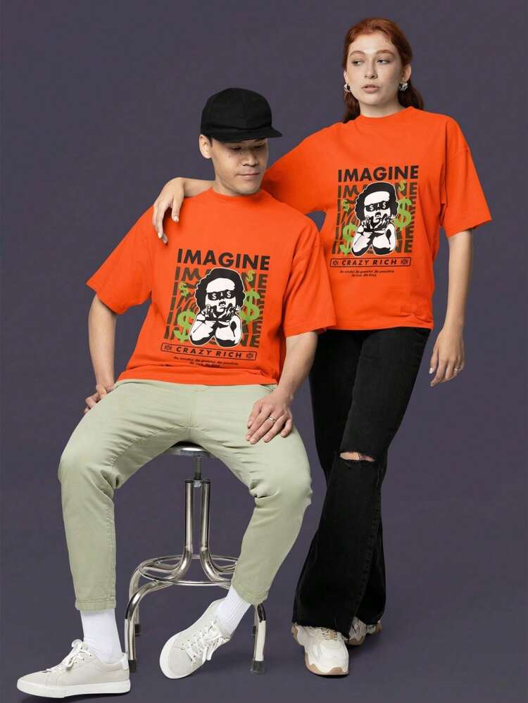 Craze Rich Money Imagine Cotton Unisex Streetwear Women Men T-Shirt New Release - Orange - View 1