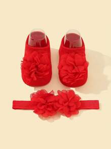 2 件套可爱花朵图案袜子和头带套装 - 适合秋季/春季的女婴！ - 紅色 - 查看 1